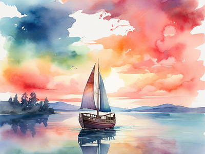 Water Color Ship In Ocean Painting Art art colorful design digital painting nature ocean painting shup trending ui