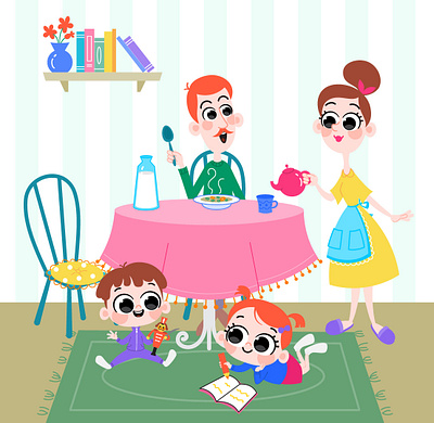 Illustration for English activity book children cozy family flat illustration interior kids tea toys vector