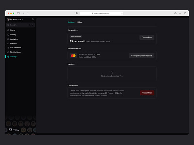 Dark Mode Billing 🌃 billing dashboard design minimal saas settings sidebar ui web design