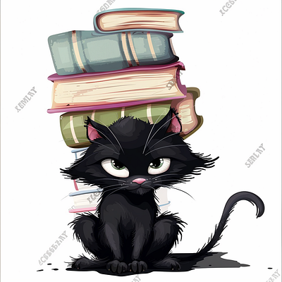 Angry Cat Holding A Pile Of Books On Head 3d animation branding design graphic design illustration logo merch by amazon motion graphics typography ui ux vector