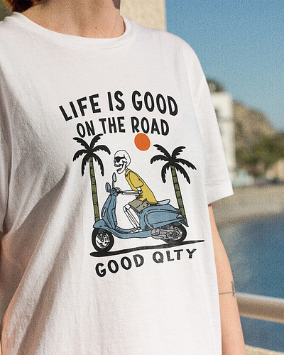 "LIFE IS GOOD, ON THE ROAD" Skeleton Illustration brand identity branding clothing design graphic design illustration logo streetwear ui vector