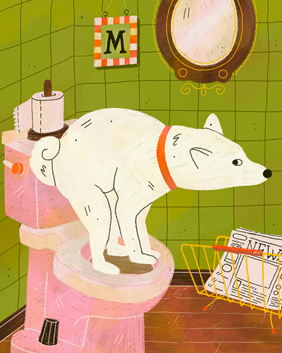 Mirio on the loo art bathroom commissions digitalart dog illustration procreate