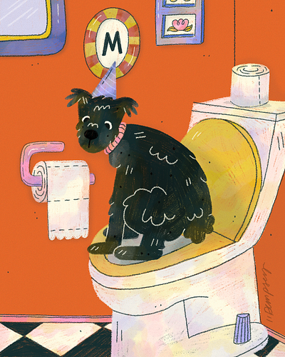 Millie needs to pee art bathroom commissions digitalart dog illustration illustrator procreate