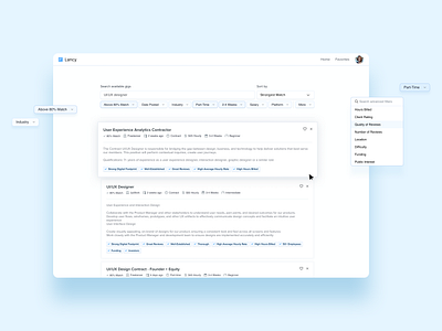 Lancy: Filtered Gig Aggregator blue blue aesthetic job board job board platform saas platform ui ui design ui job board design uiux ux ux design