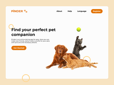 Pinder - Social Network For Pet Lovers animal app branding cat color design dog logo love main page pet project redesign register tinder ui user experiance user interface ux welcome