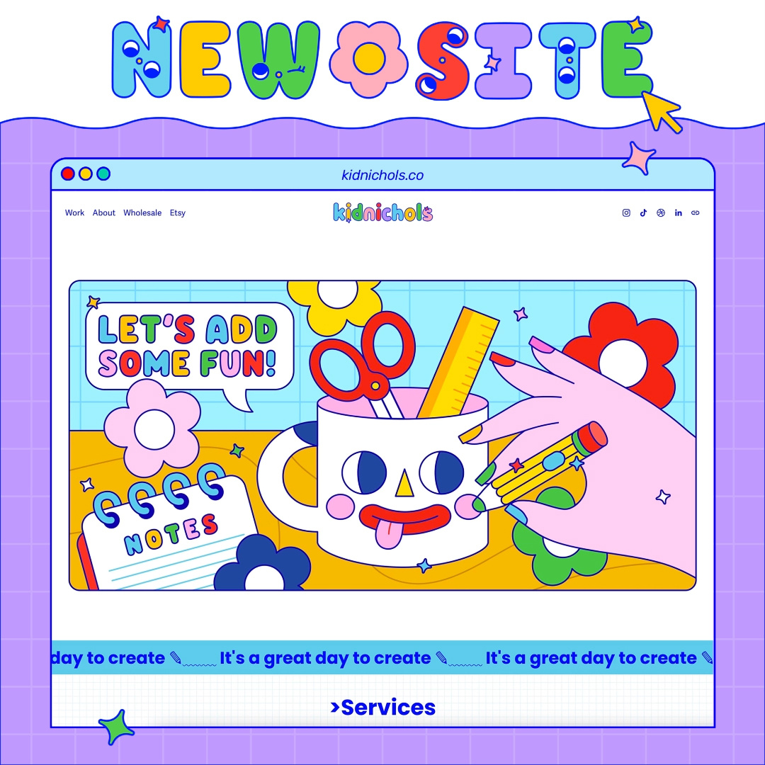 Kidnichols Website Redesign brand design branding case studies character design character illustration colorful cute cute characters design flat fun graphic design illustration illustrator logo texture vector website website redesign website refresh