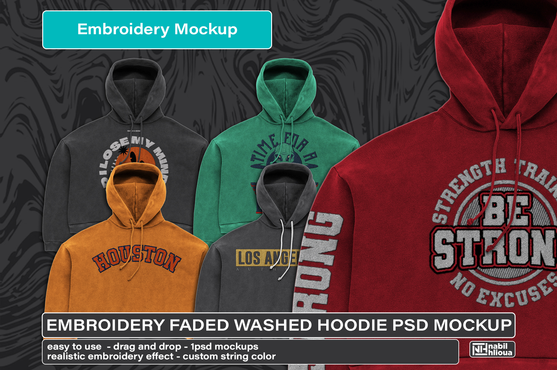 embroidery faded washed Hoodie Mockup PSD template by Nabil Hlioua