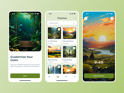 Meditation & Calm mobile app aesthetics application bookmark calm collection gallery ios lifestyle meditation mobile mobile app music player save search selection sound visual designer wellness