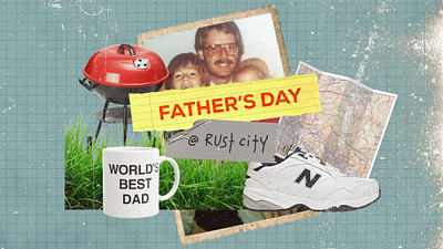 Father's Day 80s 90s bbq cheesy church collage cookout dad joke fathers day grid grill lawn mowing layers map new balance old photos photoshop promo worlds best dad