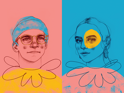 Brad and Lydia Portraits blue clown collar colorful hand drawn illustration overlay painting pencil drawing pink portraits procreate scanned yellow