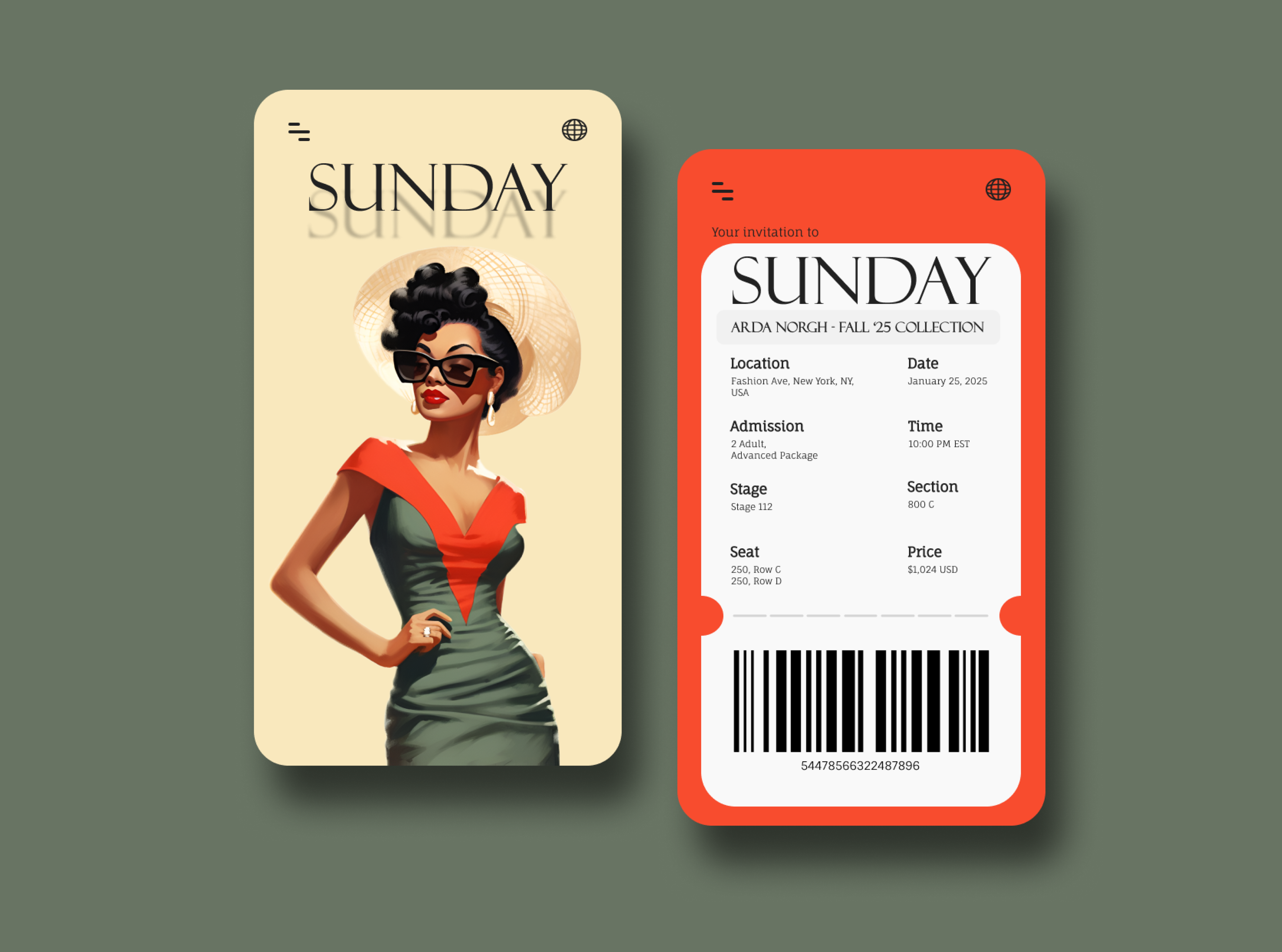 Sunday Fashion Show Ticket UX UI App Design app branding concert ticket design fashion show graphic design illustration logo mobile app model ticket app tickets typography ui ui design ux ux design vector