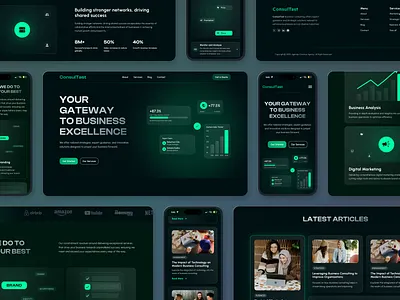 ConsulTast - Business Consulting Website in Desktop & Mobile agency agensip builder business company consultation dark green dark version framer html landing page mobile mockup neon responsive services template ui design ux design website