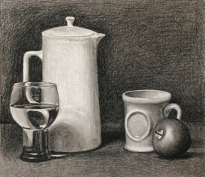 Still life of pitcher, drinking glasses, and apple charcoal drawing drawing from observation realism still life