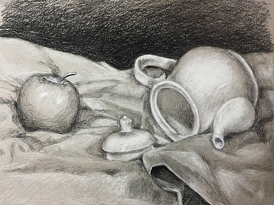 Still life of teapot and apple on sheet black and white charcoal drawing drawing from observation realism still life