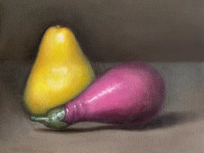 Still life of eggplant and pear fruit oil painting painting realism still life