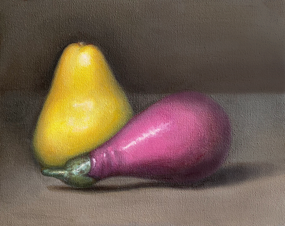 Still life of eggplant and pear fruit oil painting painting realism still life