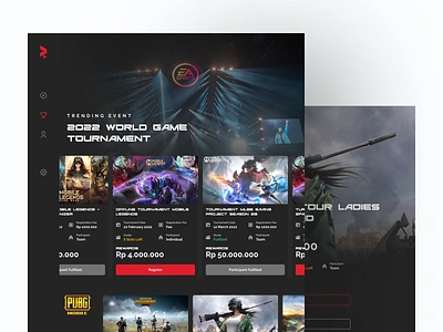 E-sports Tournament Registration Website clean design clean ui dark mode design e sport esport event freelance game games landing page mobile legends pubg tournament ui ui design ux web design world