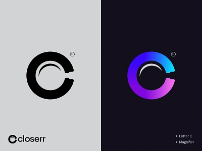 Closerr - Inspection, Data analysis Magnifier Modern Logo icon. branding brandmark creative logo design google icon logo logotype magni magnifier magnifying glass minimalist logo minimalistic modern logo searching seo seo agency symbol traffic