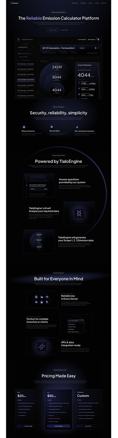 Tlalocan Emission Calculator - Landing Page b2b carbon calculator emission calculator framer gui landing page saas sustainability ui ux design