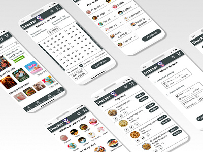 Snacker - A Snack ordering app for movie theatres lo fi to hi fi wireframes material design product design user research ux design