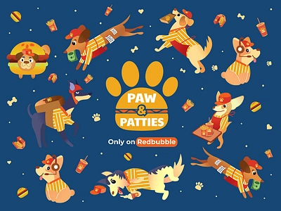 Paw & Patties-Dogs fast food restaurant animals chicken nugget corgi cute dogs dashshund doberman dog illustration dog vector fastfood fastfood restaurant french fries golden retriever hamburger husky patties paw pug redbubble vector vector illustration