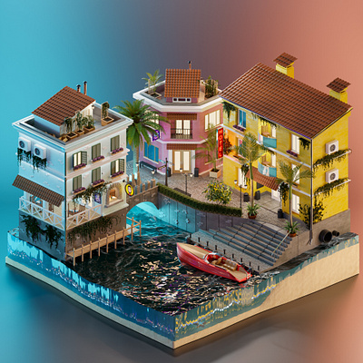Watery Town 3d 3d artwork 3d illustration 3d modeling digital 3d diorama environment exterior isometric isometric art night city watery town