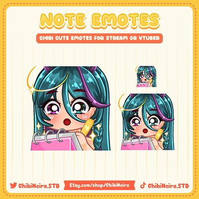 Note Emotes | Chibi Girl Emote | Chibi Emotes | Ych Emotes chibi emotes custom emotes cute emotes design discord emotes green hair illustration kick emotes note emotes twitch emotes ui ych emotes