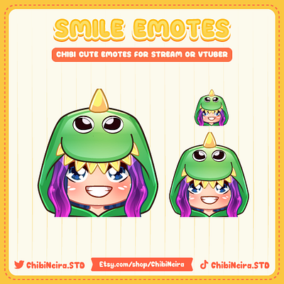 Chibi Girl With Dino Onesie | Chibi Emotes | Ych Emotes chibi emotes chibineira custom emotes cute emotes design discord emotes illustration kick emotes no ai twitch emotes ui ych emotes