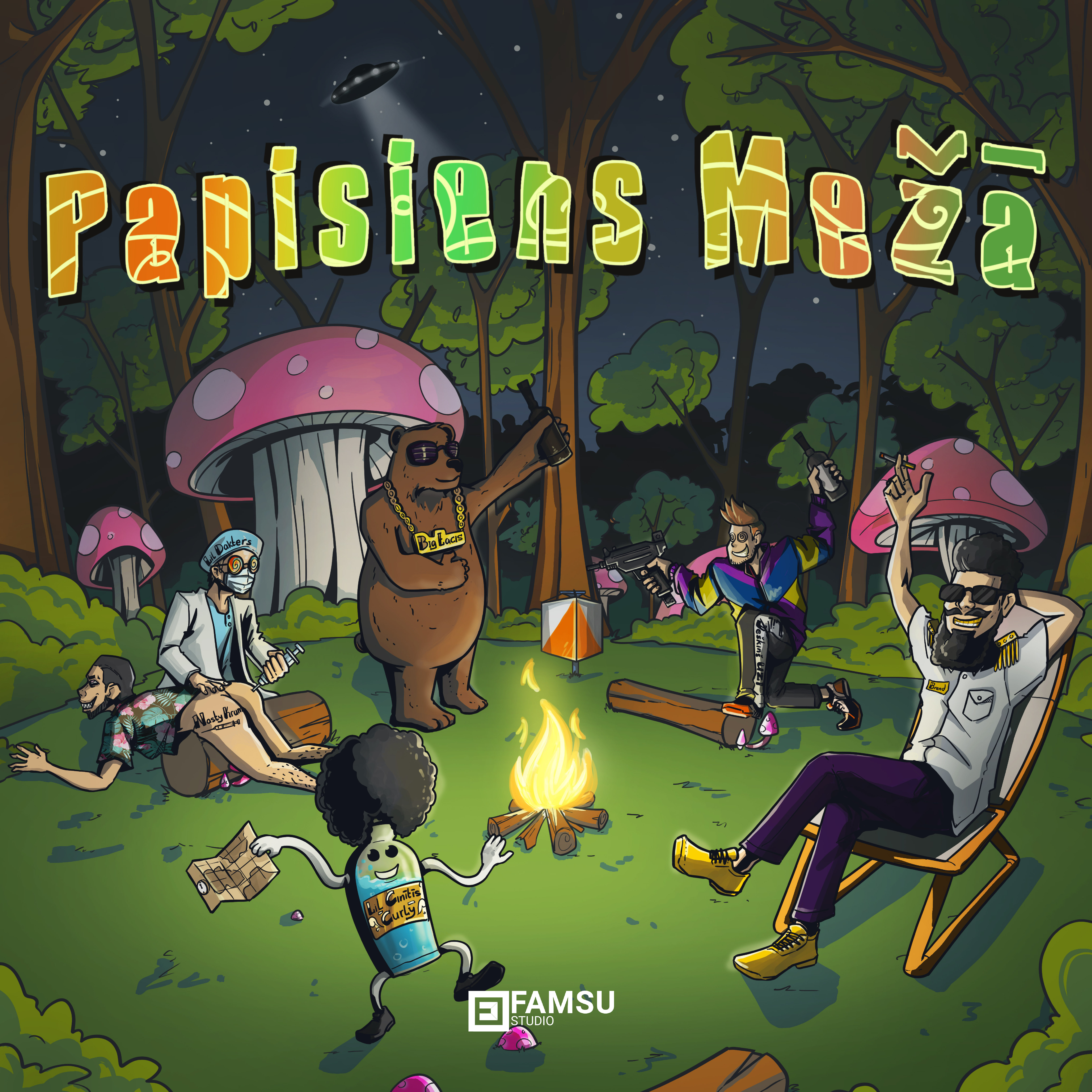 Papisiens Meza Album COVER bear best studio bonfire camp cartoon cover cover album custom design forest party illustration mushroom music music cover musician studio illustration