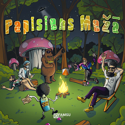 Papisiens Meza Album COVER bear best studio bonfire camp cartoon cover cover album custom design forest party illustration mushroom music music cover musician studio illustration