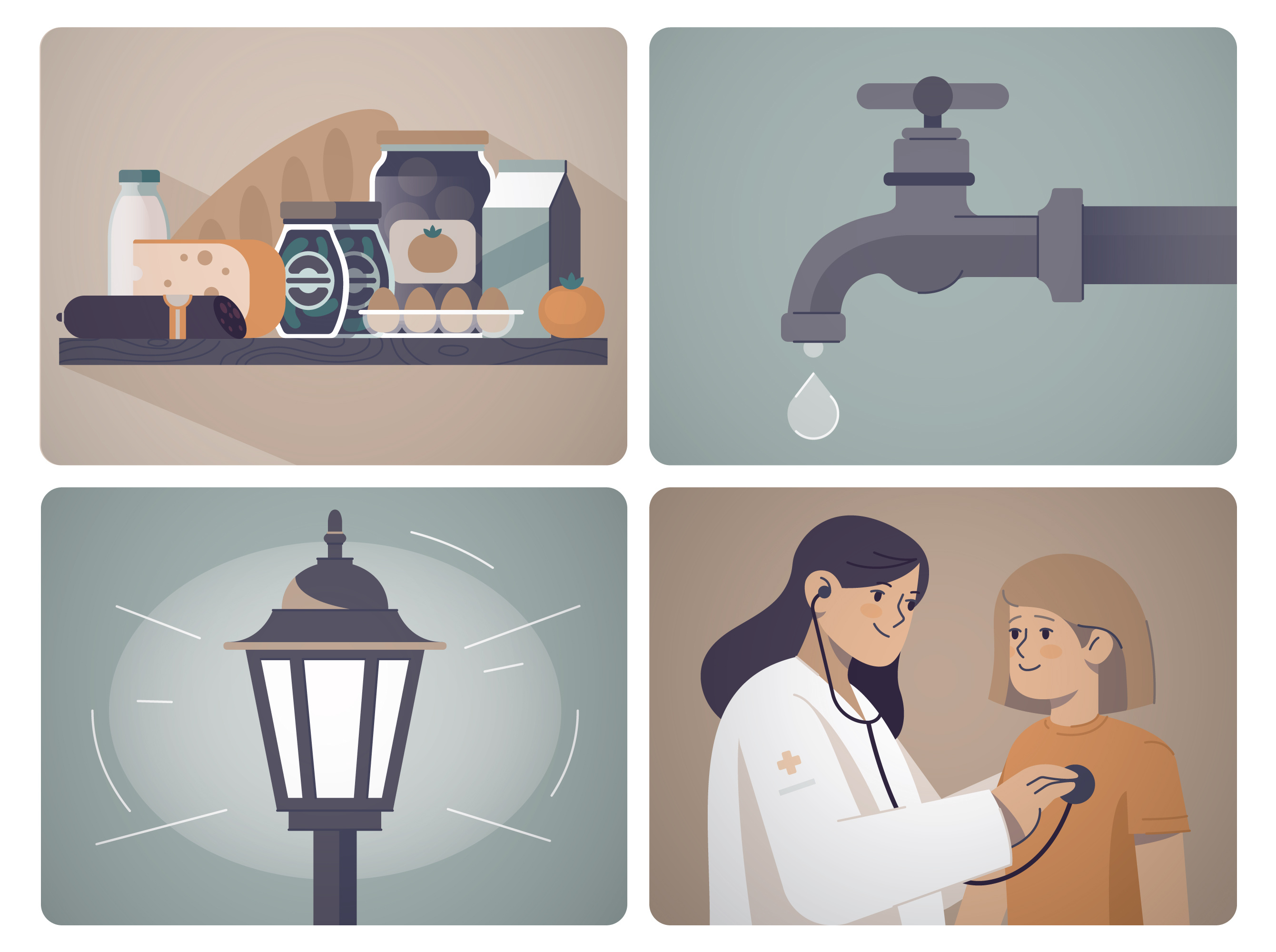 4 illustrations for animation 2d illustration animation character design doctor food graphic design illustration light motion graphics newspaper paper publishing vector water