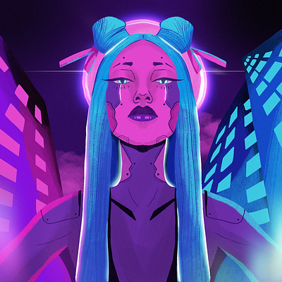 Neo City Cyberpunk art blue city cyberpunk design girl illustration neo pink