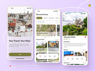France Travel mobile app design application bookmarks cards design graphic design health hotel journey map minimalism mobile app places to visit planer routes suggestions travel ui ui design user experience user interface