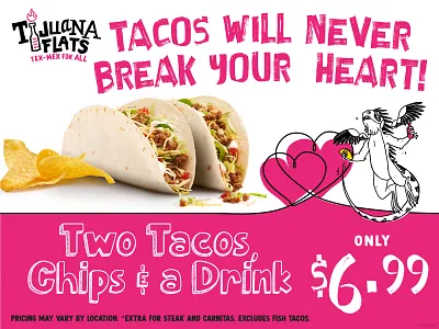 Tijuana Flats Valentines Day taco promotion 2024 taco tuesday tacos tijuana flats valentines day
