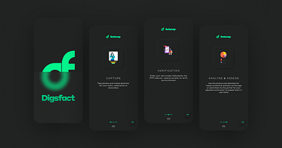 Digsfact app onboarding flow revamped aesthetic amazing app cool dark design digsfact figma graphic design green illustration intro mobile mode modern onboarding flow ui ux