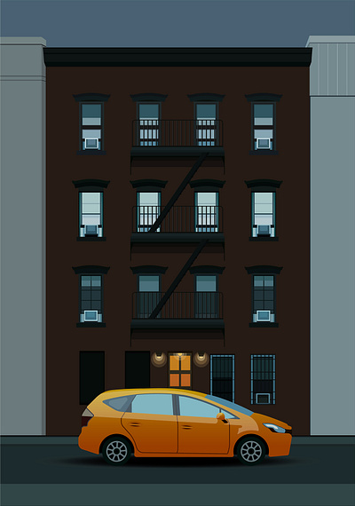 A taxi in downtown adobe illustrator design dreamy evening landscape lights taxi urban landscape vector vector illustration window