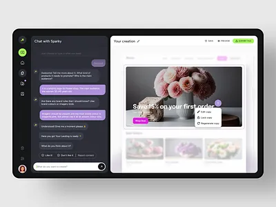 Sparky AI – ultimate landing page creator concept ai ai assistant ai chat ai creator ai design ai generator chat chat gpt chatbot dashboard generative ai landing page creator ui ux uxui webapp webdesign