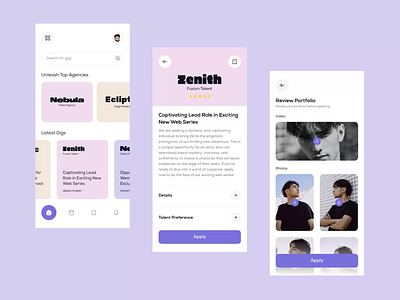 Talent Trove - Your Stage, Your Spotlight actor actor apply actor job animation app apply clean colorful fashion hiring interaction job jobs micro interaction mobile animation mobile app mobile ui model ui ux