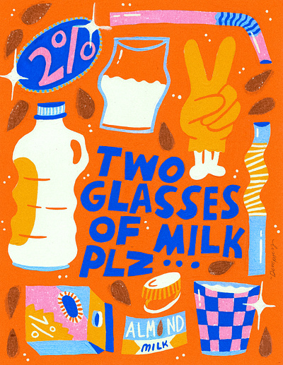 two glasses of milk plz art design gouache illustration paint painting scan
