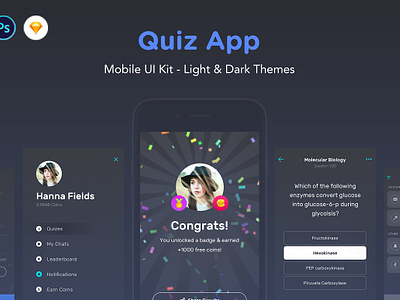 Quiz App - Mobile Trivia Game UI Kit adobe photoshop adobe xd android chat game graphic icons ios iphone leaderboard mobile photoshop profile sketch trivia ux ui design vector