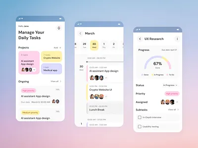 Project Management App. Mobile App app app design branding calendar chart dashboard design gantt chart interaction management mobile app pastel project management task team ui ux