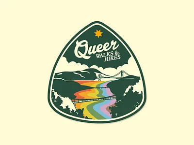 Logo design for Queer Walks & Hikes badge brand design branding brooklyn hand lettering logo logo design national parks nature new york outdoors queer rainbow retro