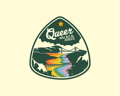 Logo design for Queer Walks & Hikes badge brand design branding brooklyn hand lettering logo logo design national parks nature new york outdoors queer rainbow retro