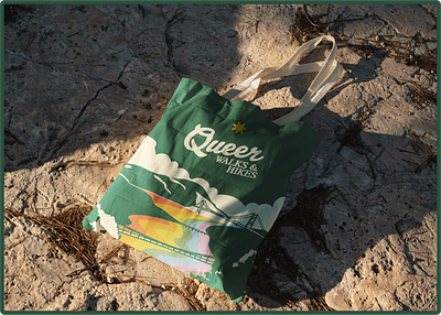 Tote bag design for Queer Walks & Hikes brand design branding hand lettering illustration logo national parks print design rainbow retro script swag tote bag