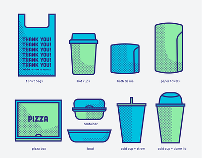 Icon Style Study bath tissue cold cup hot cup icons pizza box pop art restaurant supply to go bag