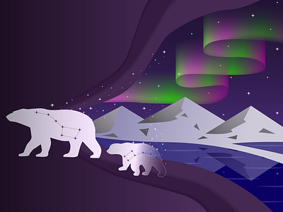 Polar bear aurora bear constellation illustration landscape landscape illustration mountains nature night northen lights northern polar bear sky snow stars the big dipper ursa minor vector water winterscape