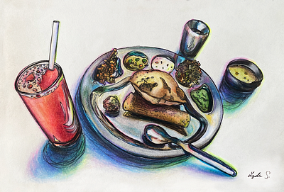 Thali lunch special at MTR, Bangalore colored pencil drawing food india realism travel