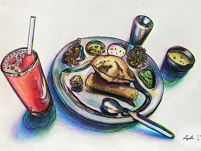 Thali lunch special at MTR, Bangalore colored pencil drawing food india realism travel