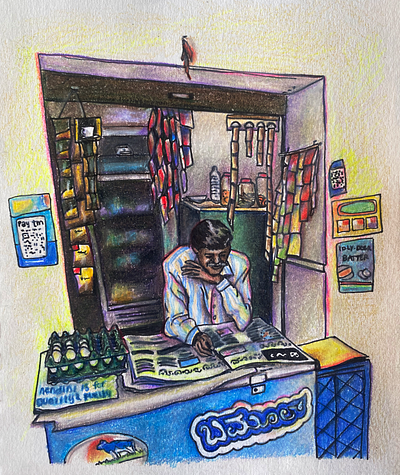 Bangalore shopkeeper reading the morning paper colored pencil drawing illustration india mixed media pen realism