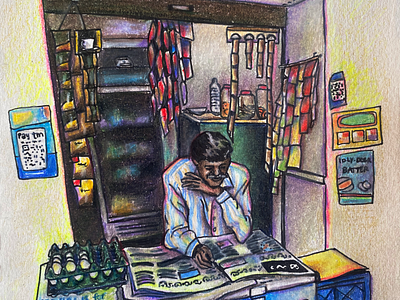 Bangalore shopkeeper reading the morning paper colored pencil drawing illustration india mixed media pen realism